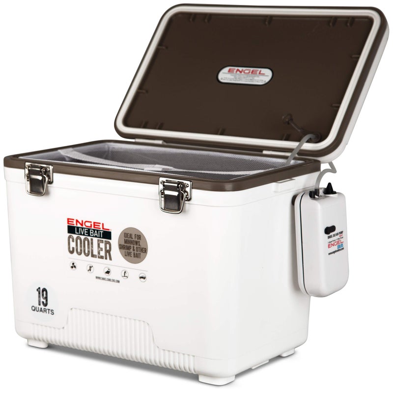 Engel 19qt Live Bait Cooler Box with 2nd Gen 2-Speed Aerator Pump - Portable Fishing Station & Minnow Bucket for Shrimp & Other Live Fish with Aerator - ENGLBC19-N-G in White - Image 1